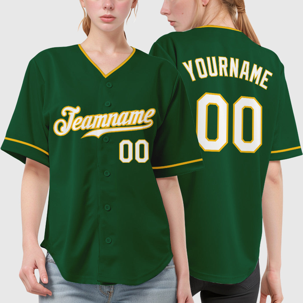 Custom Green White-Gold Collar Sleeve Baseball Jersey