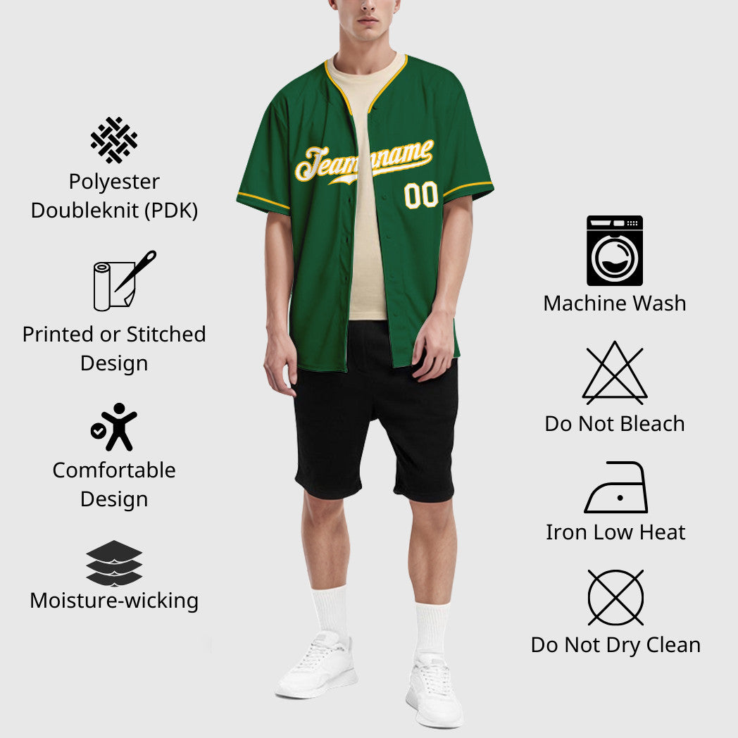 Custom Green White-Gold Collar Sleeve Baseball Jersey