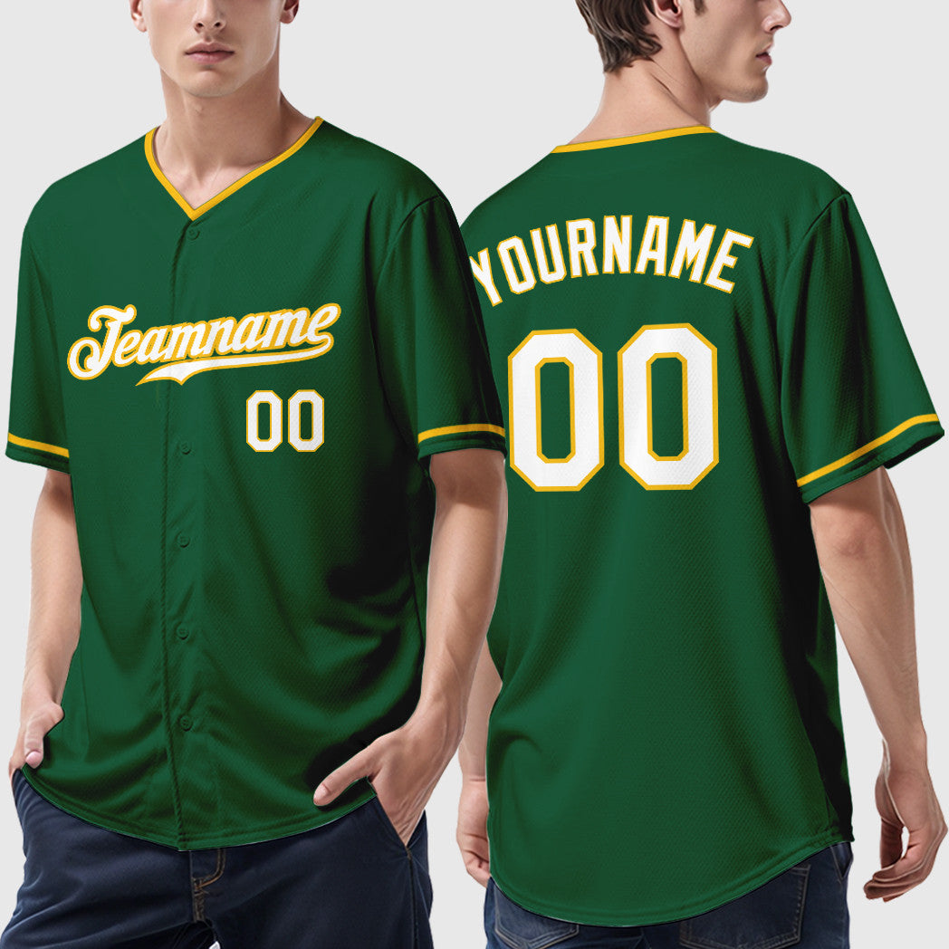 Custom Green White-Gold Collar Sleeve Baseball Jersey