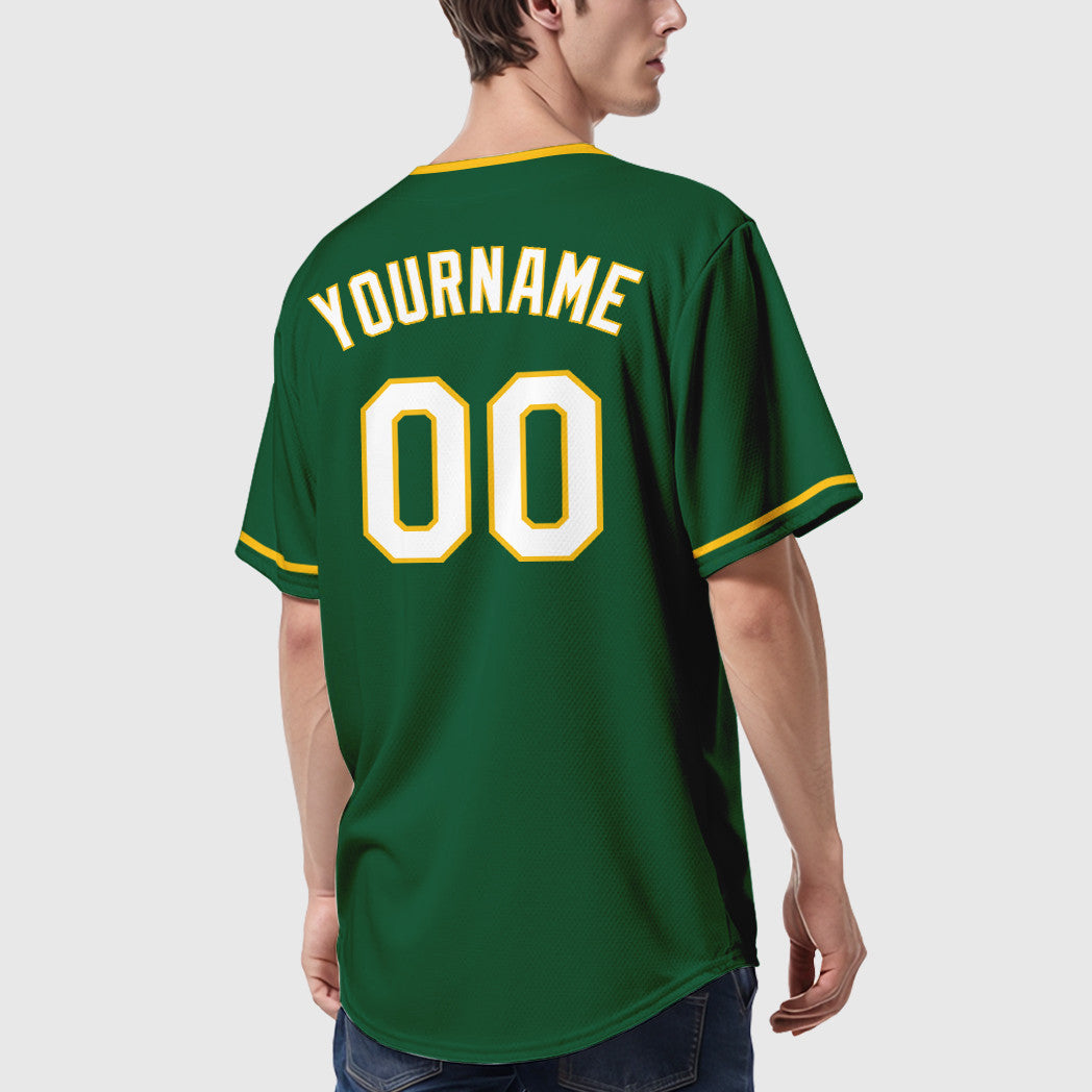 Custom Green White-Gold Collar Sleeve Baseball Jersey