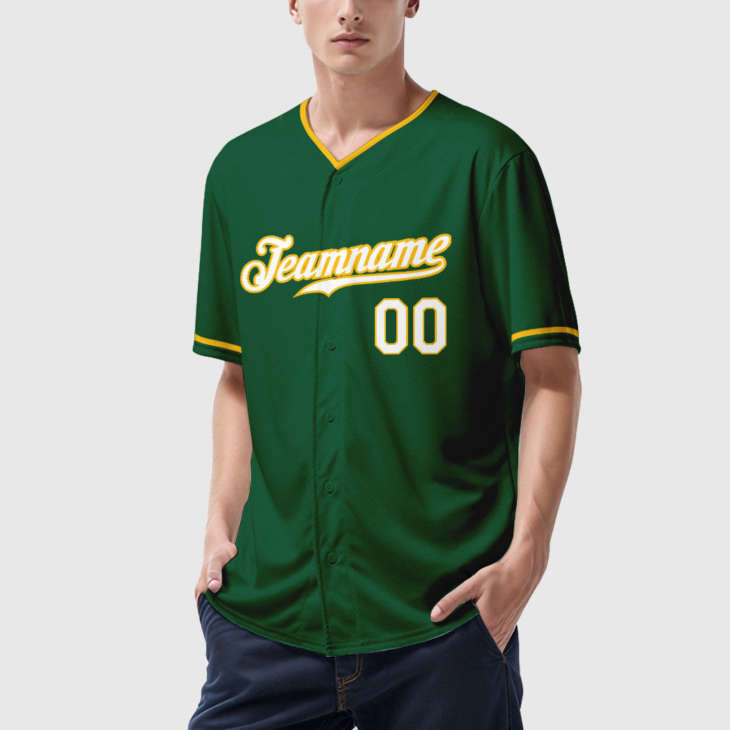 Custom Green White-Gold Collar Sleeve Baseball Jersey