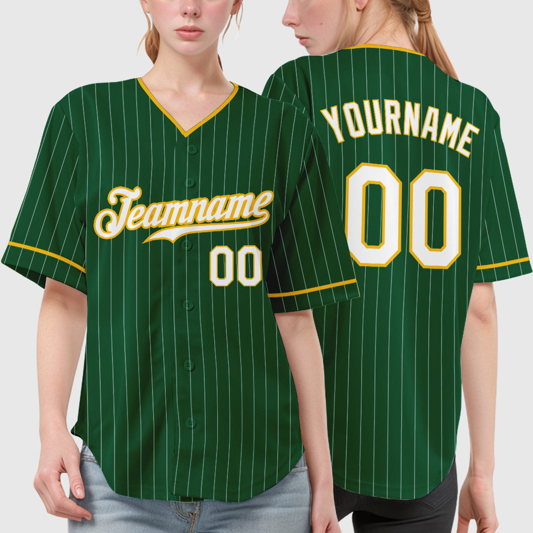 Custom Green White-Gold Pinstripe Baseball Jersey