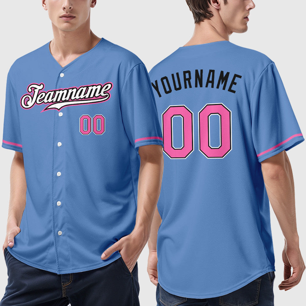 Custom Light Blue Pink-Black Baseball Jersey