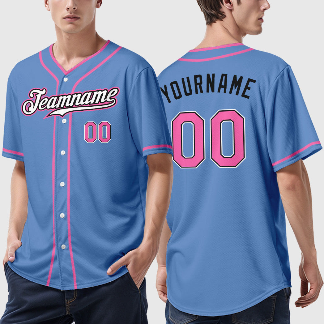 Custom Light Blue Pink-Black Piping Baseball Jersey