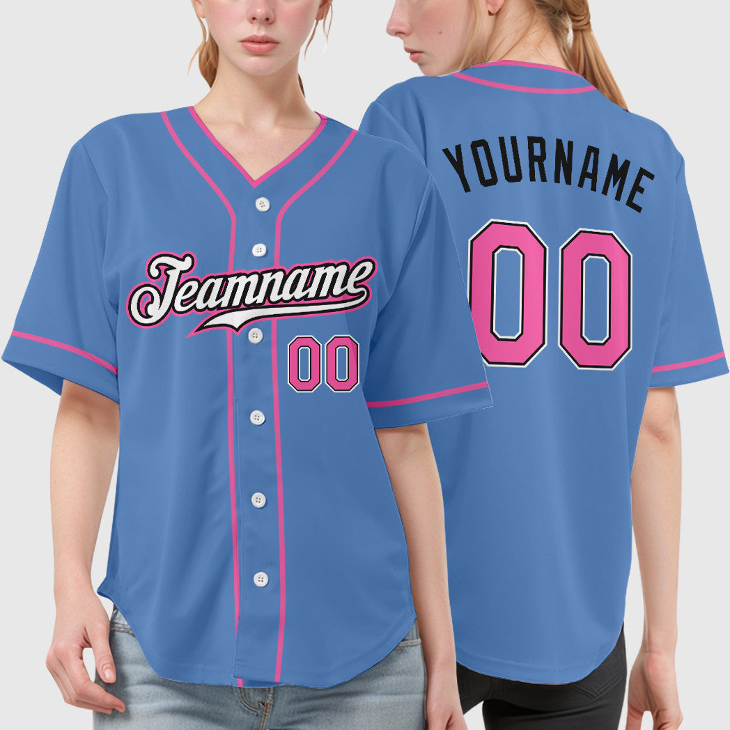 Custom Light Blue Pink-Black Piping Baseball Jersey