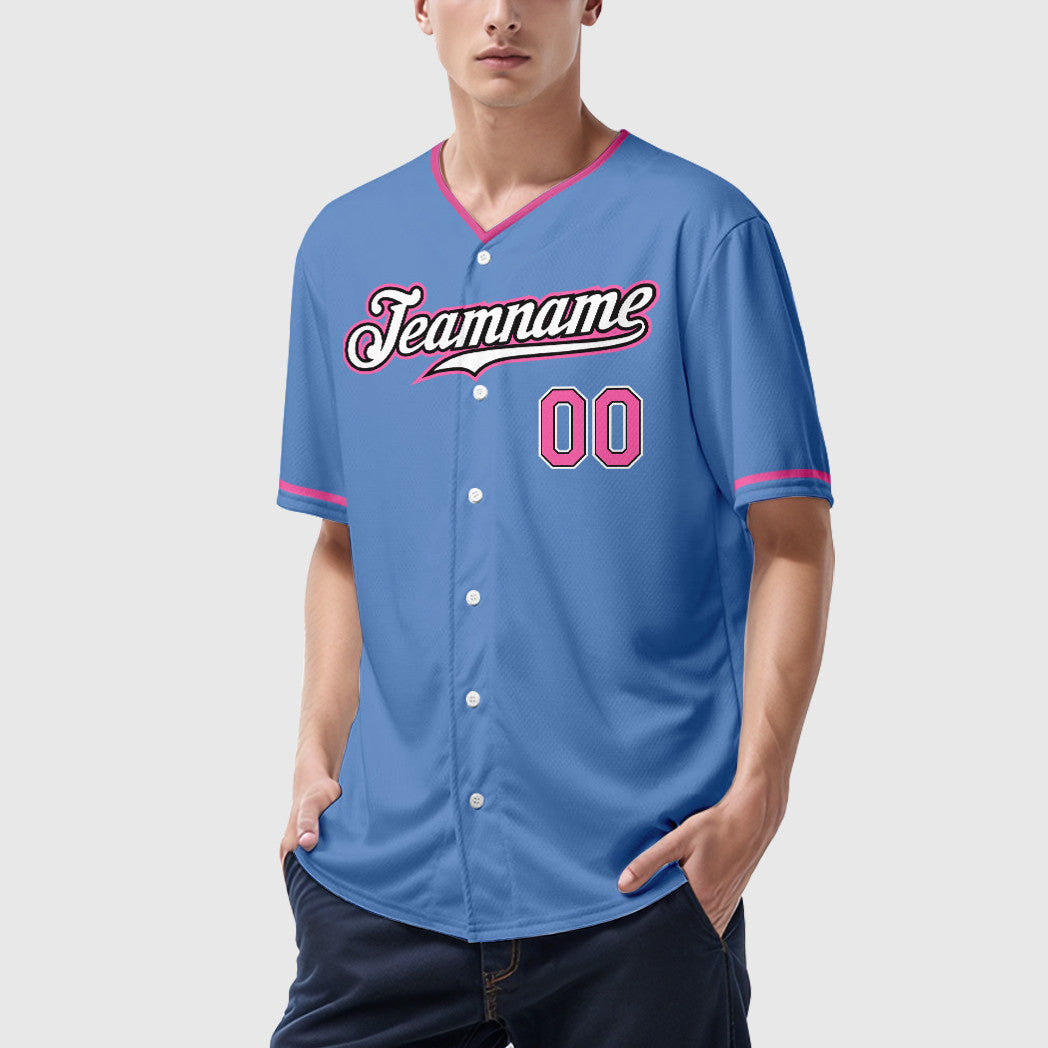 Custom Light Blue Pink-Black Collar Sleeve Baseball Jersey