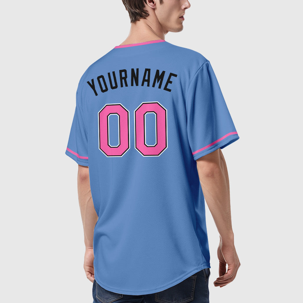 Custom Light Blue Pink-Black Collar Sleeve Baseball Jersey