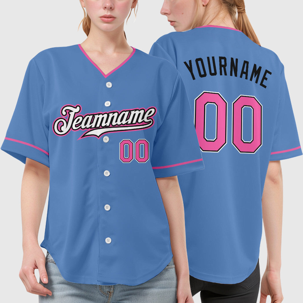 Custom Light Blue Pink-Black Collar Sleeve Baseball Jersey