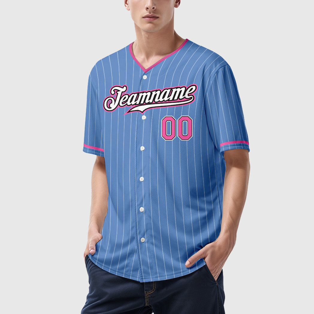 Custom Light Blue Pink-Black Pinstripe Baseball Jersey