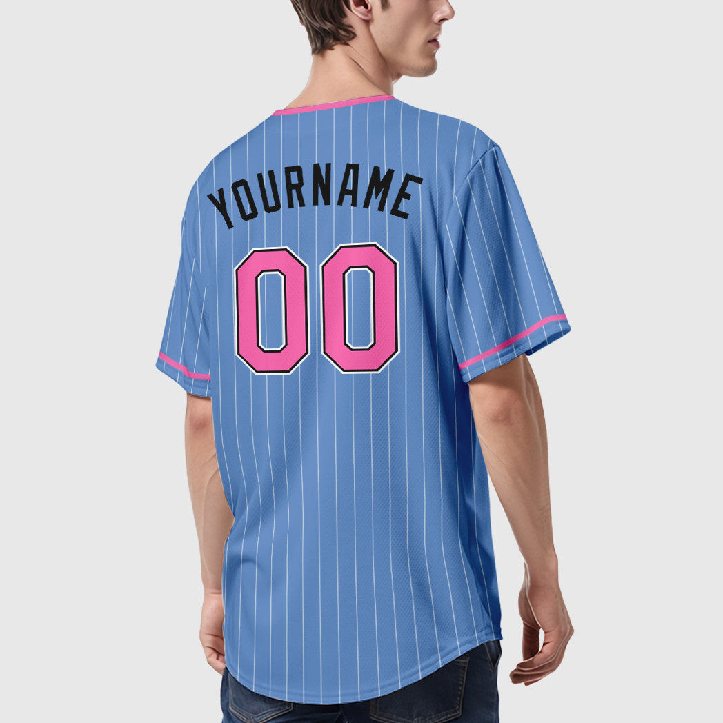 Custom Light Blue Pink-Black Pinstripe Baseball Jersey