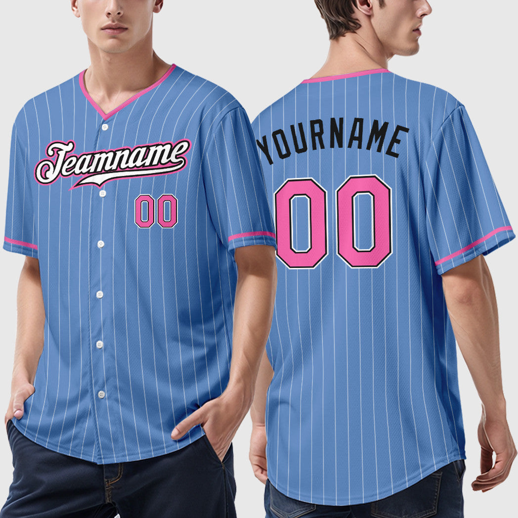 Custom Light Blue Pink-Black Pinstripe Baseball Jersey