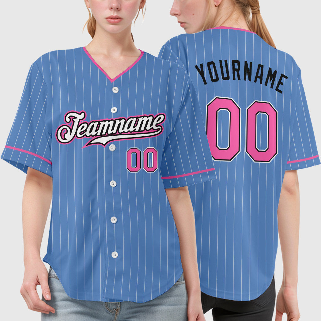 Custom Light Blue Pink-Black Pinstripe Baseball Jersey