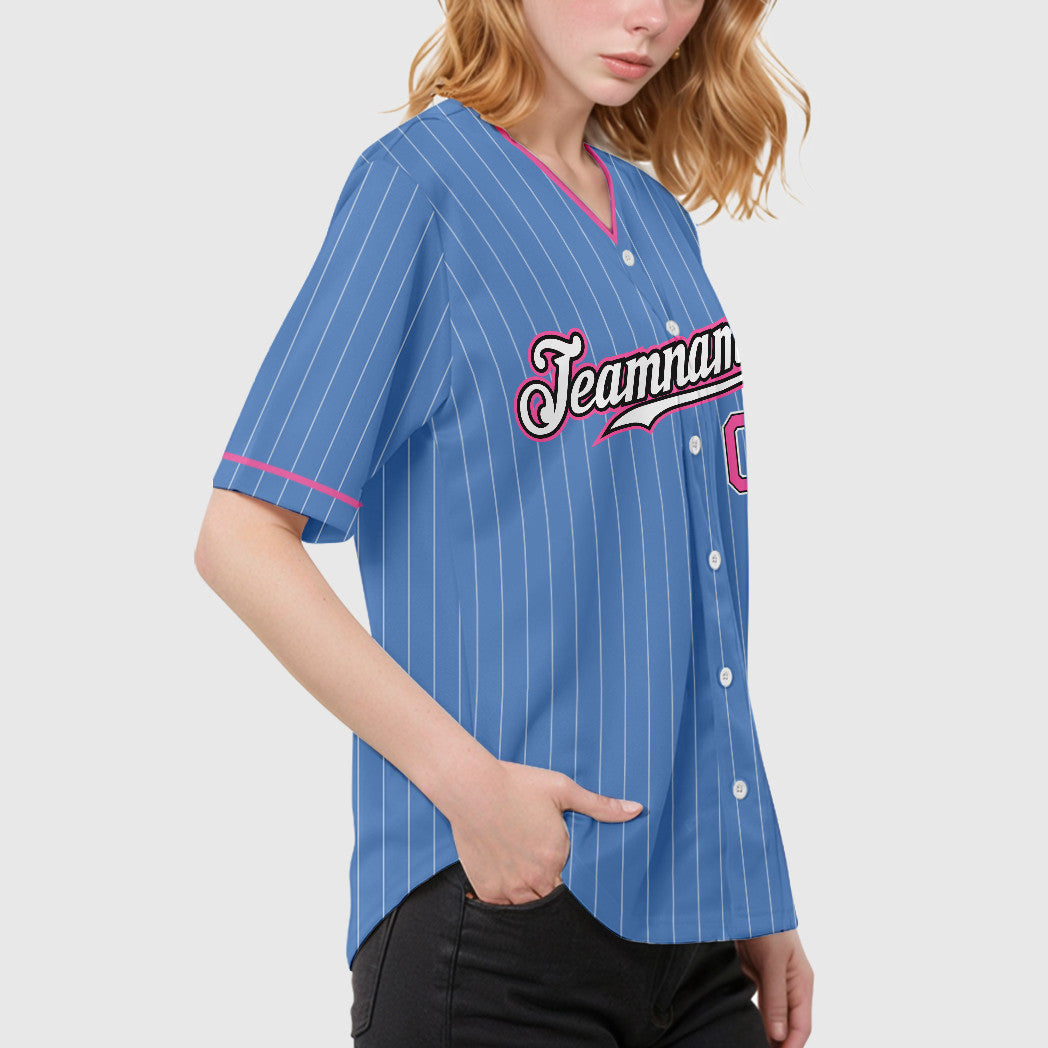 Custom Light Blue Pink-Black Pinstripe Baseball Jersey