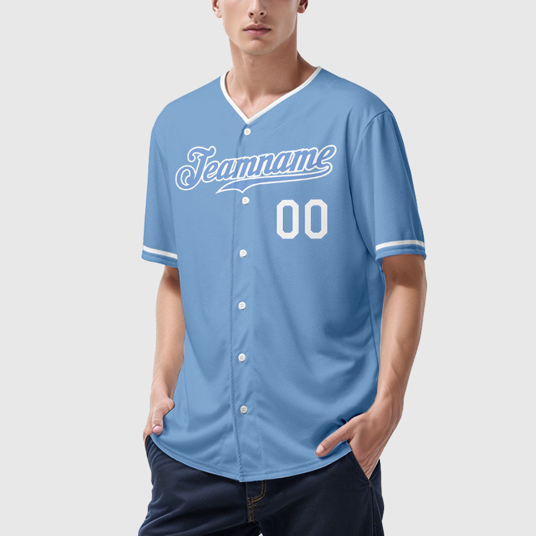 Custom Light Blue White Collar Sleeve Baseball Jersey