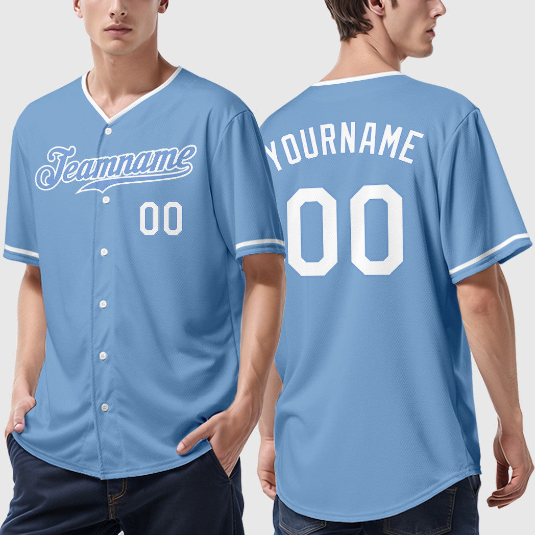 Custom Light Blue White Collar Sleeve Baseball Jersey