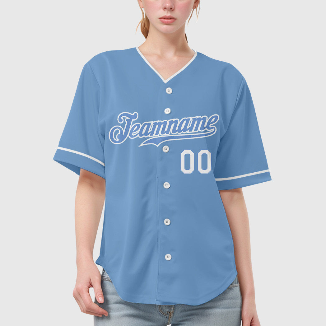 Custom Light Blue White Collar Sleeve Baseball Jersey