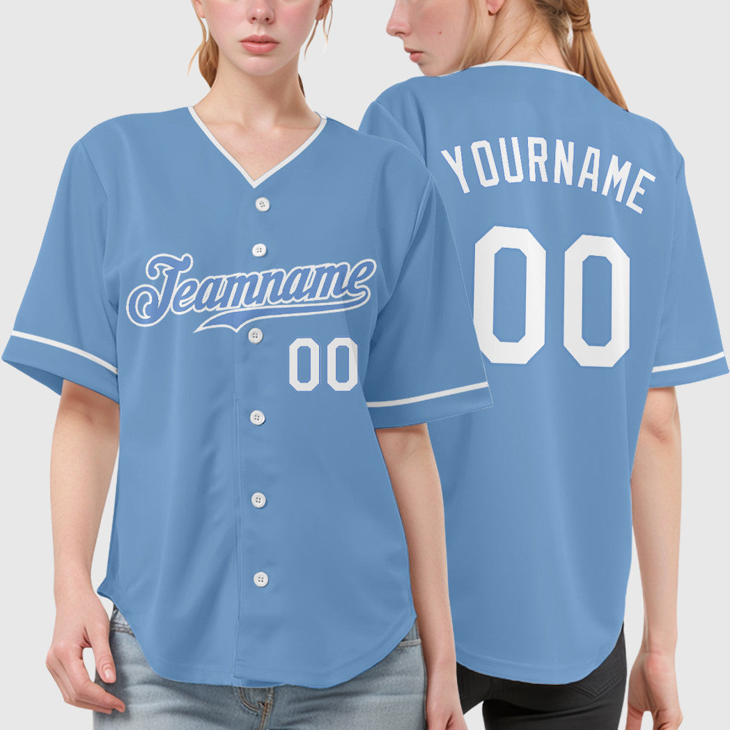 Custom Light Blue White Collar Sleeve Baseball Jersey