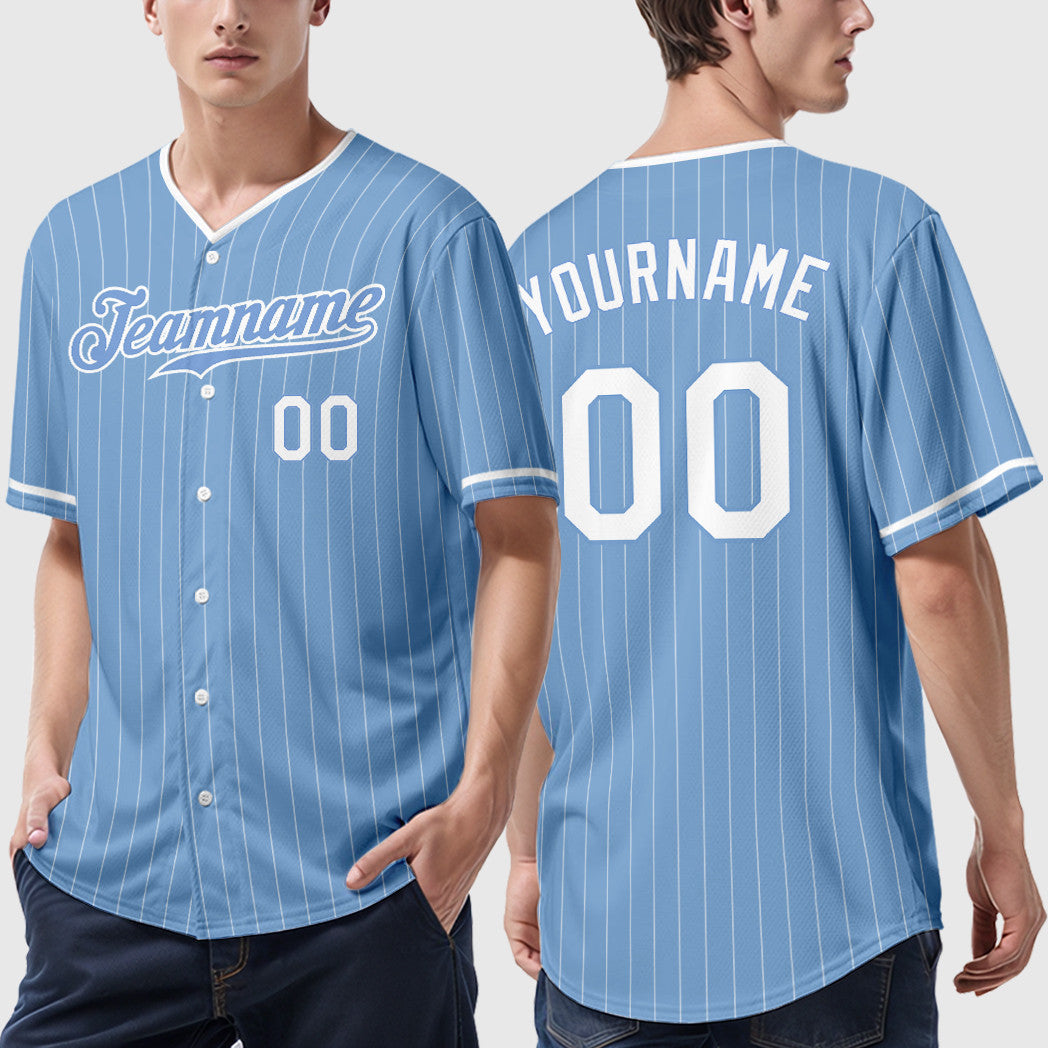 Custom Light Blue White Pinstripe Baseball Jersey