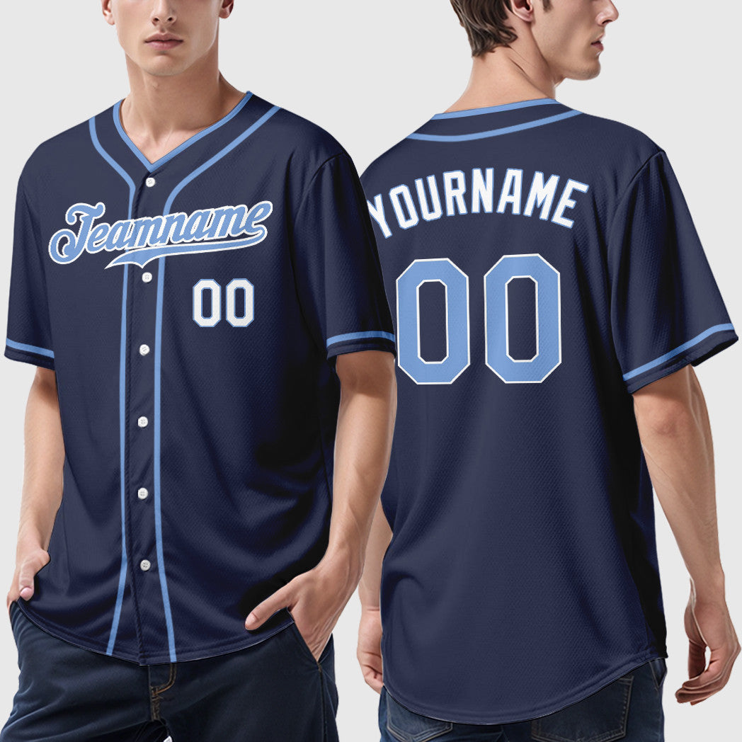 Custom Navy Light Blue-White Piping Baseball Jersey