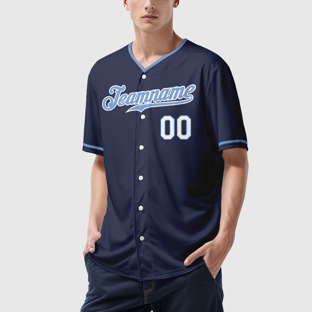 Custom Navy Light Blue-White Collar Sleeve Feature Baseball Jersey