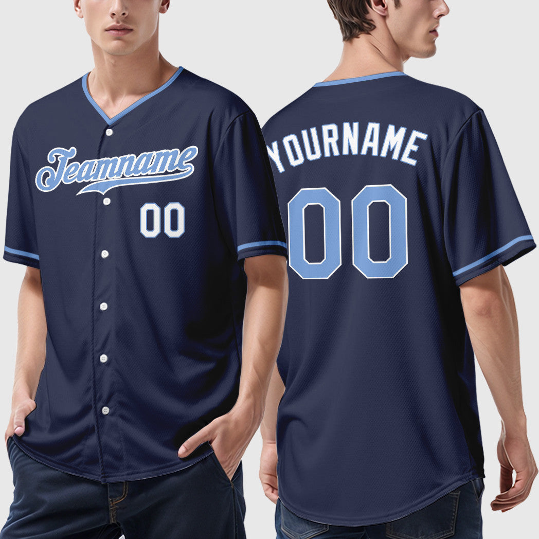 Custom Navy Light Blue-White Collar Sleeve Feature Baseball Jersey