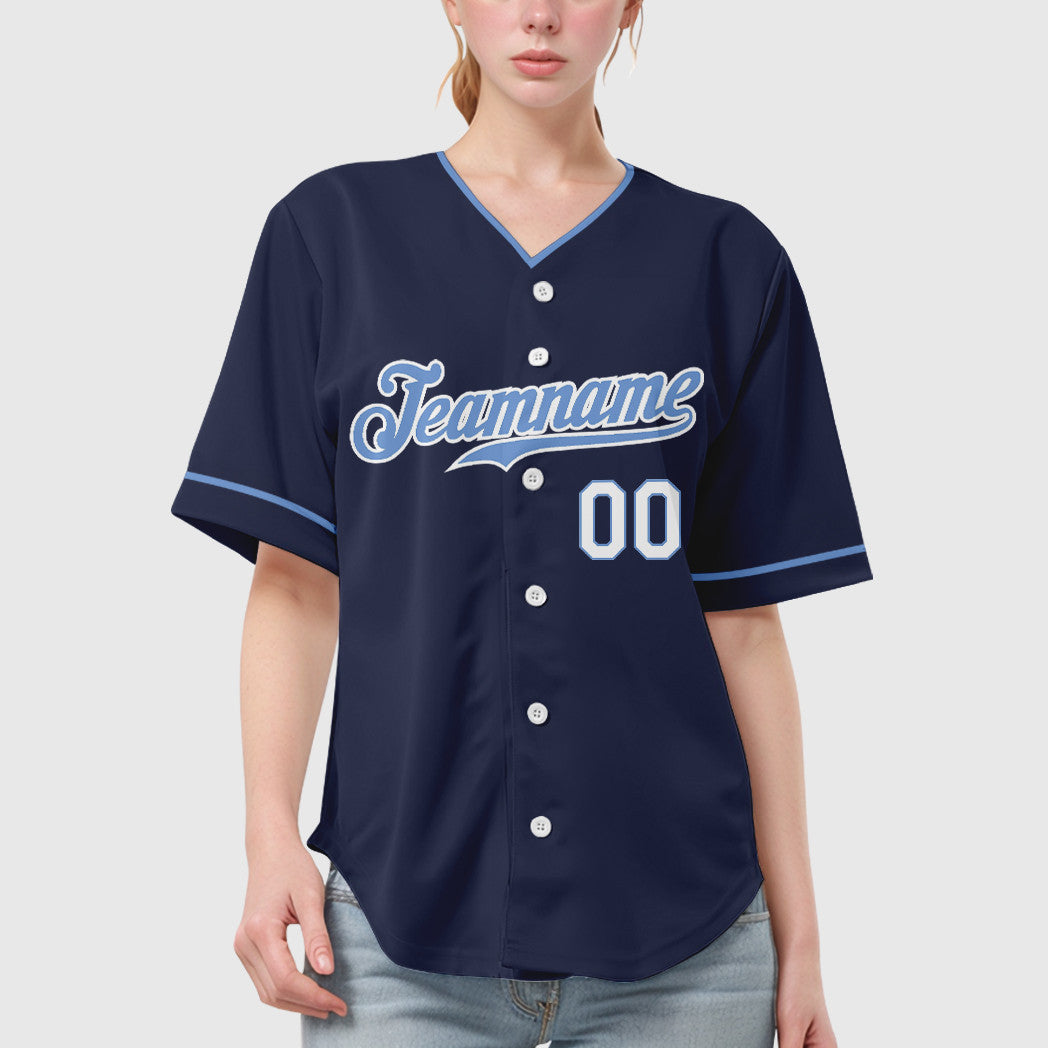 Custom Navy Light Blue-White Collar Sleeve Baseball Jersey