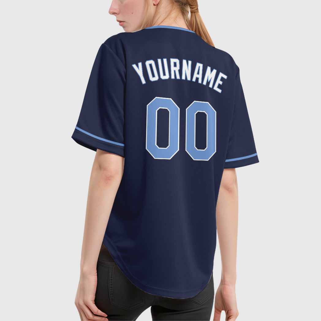 Custom Navy Light Blue-White Collar Sleeve Feature Baseball Jersey