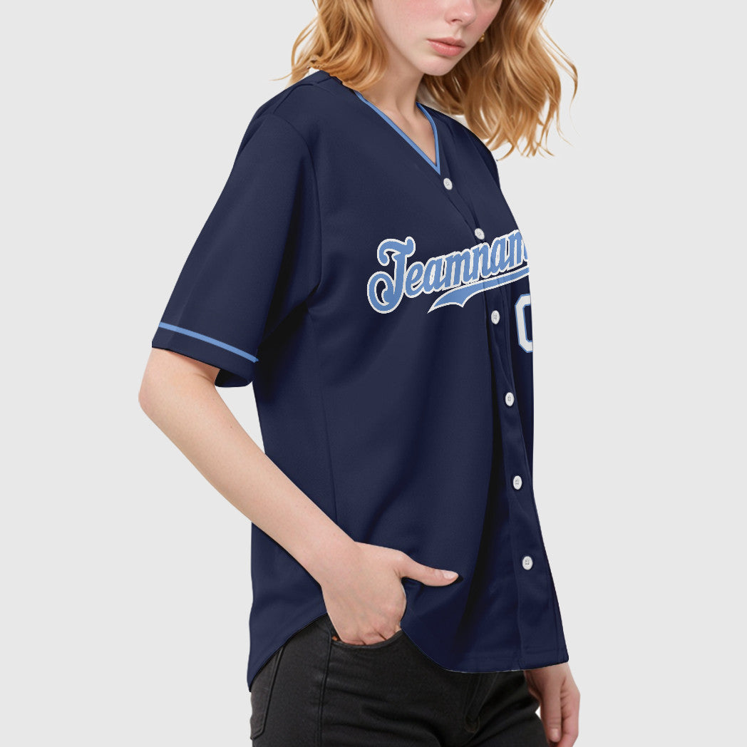 Custom Navy Light Blue-White Collar Sleeve Feature Baseball Jersey