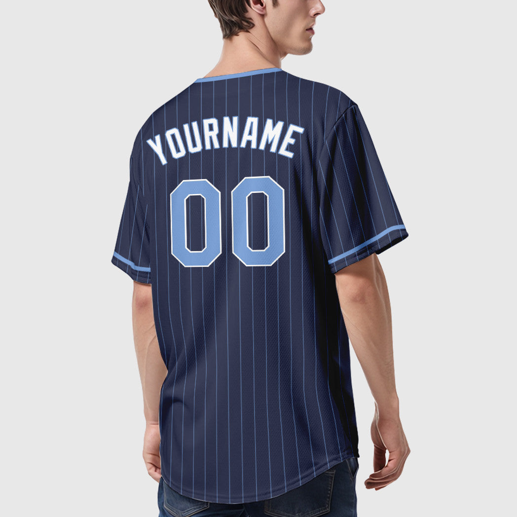 Custom Navy Light Blue-White Pinstripe Baseball Jersey