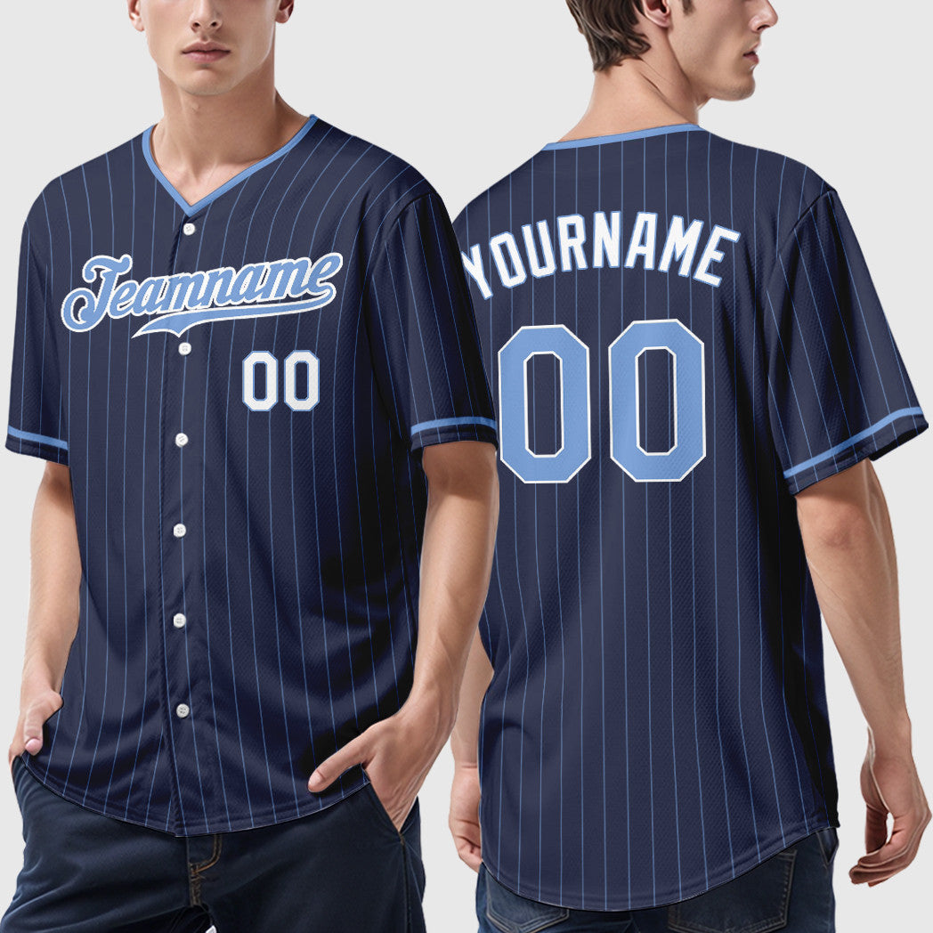 Custom Navy Light Blue-White Pinstripe Baseball Jersey