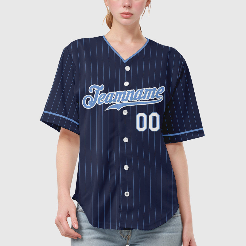 Custom Navy Light Blue-White Pinstripe Baseball Jersey