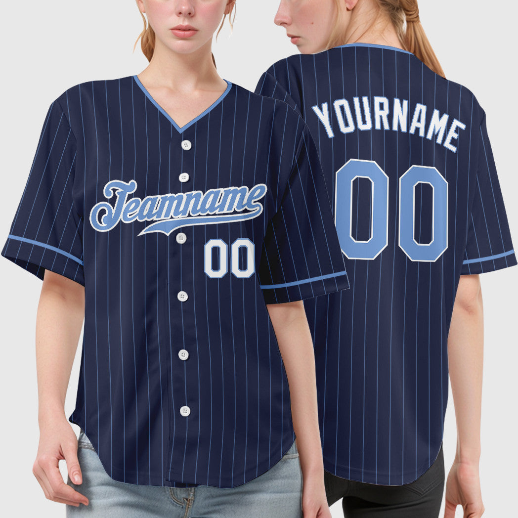 Custom Navy Light Blue-White Pinstripe Baseball Jersey