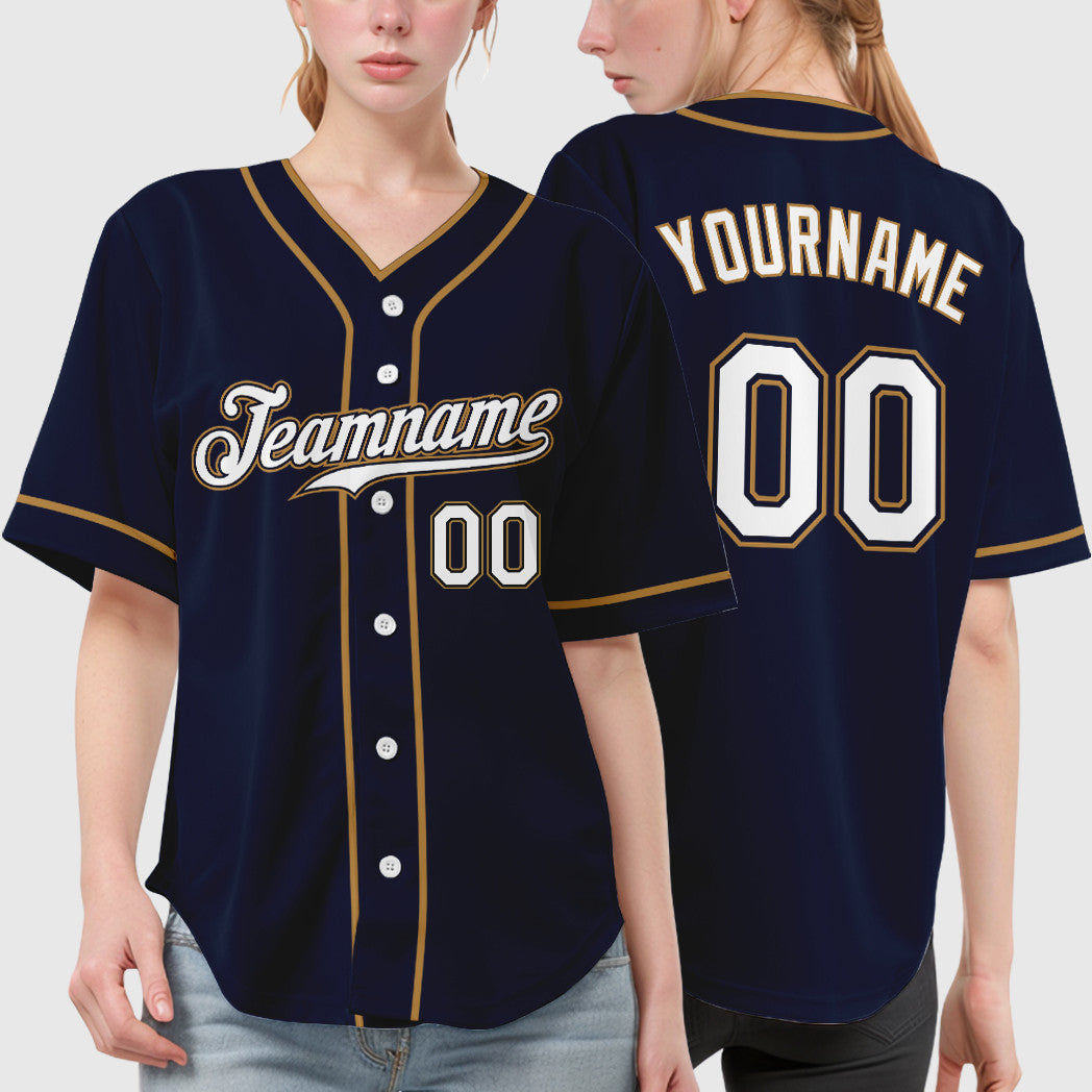 Custom Navy White-Old Gold Piping Baseball Jersey
