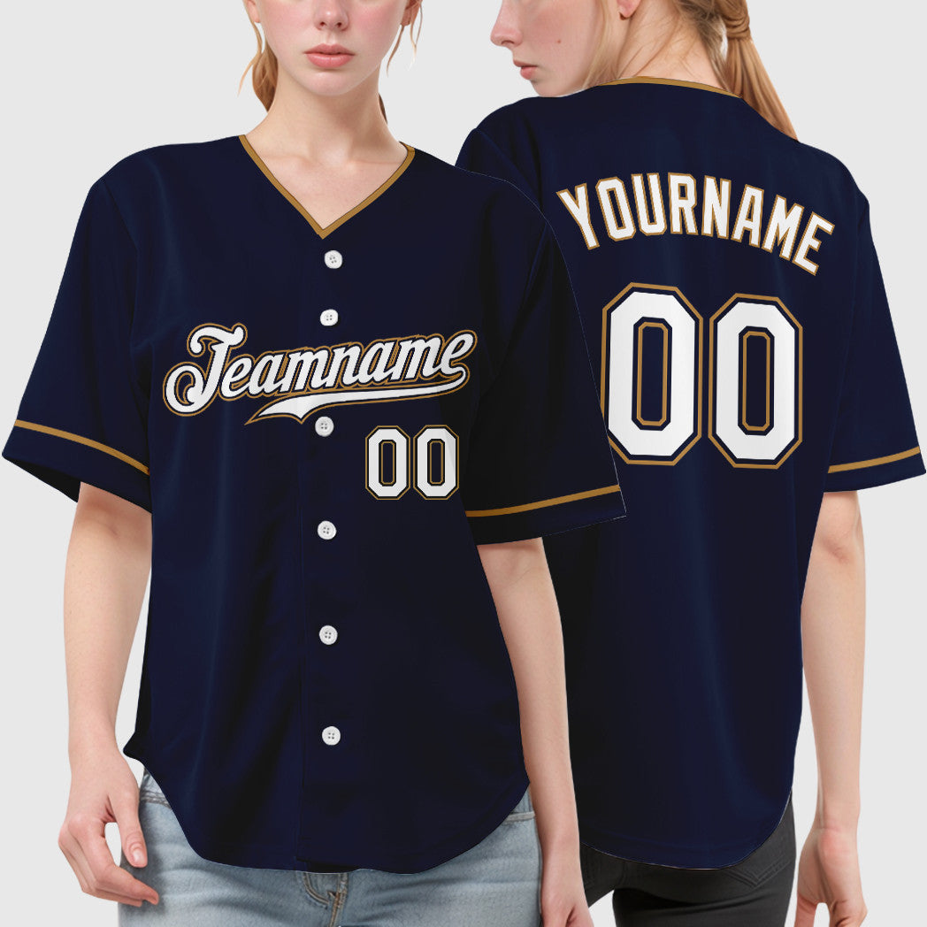 Custom Navy White-Old Gold Collar Sleeve Baseball Jersey