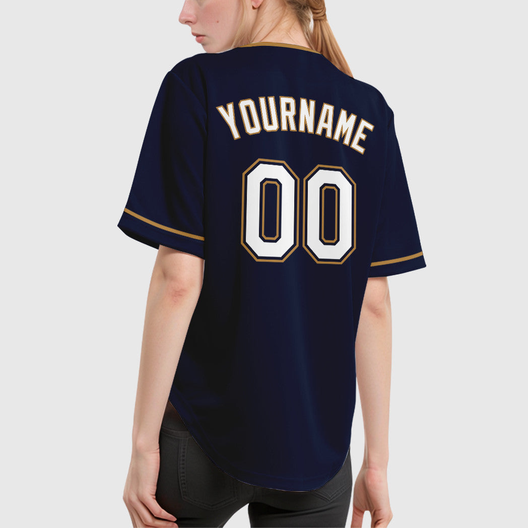 Custom Navy White-Old Gold Collar Sleeve Baseball Jersey