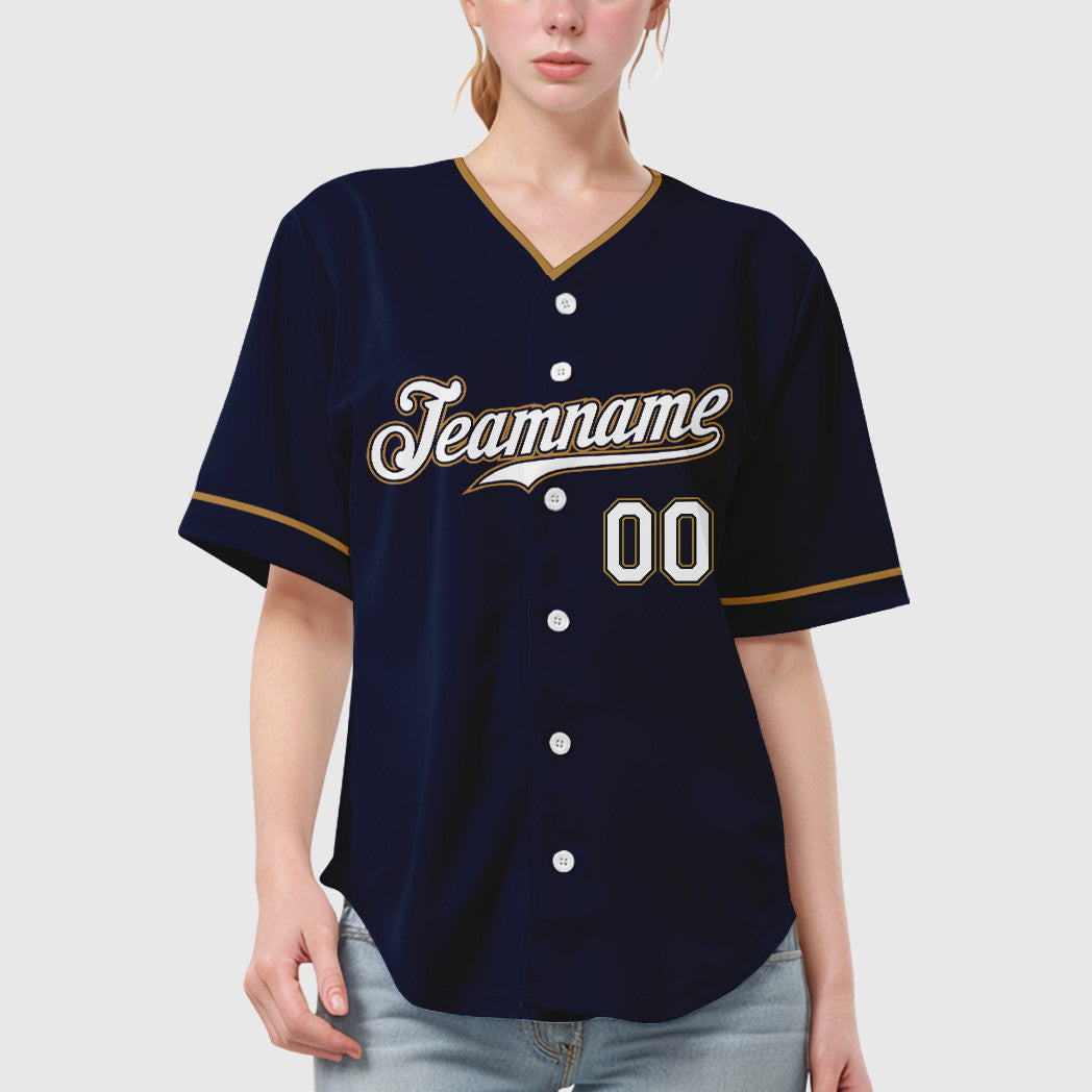 Custom Navy White-Old Gold Collar Sleeve Baseball Jersey