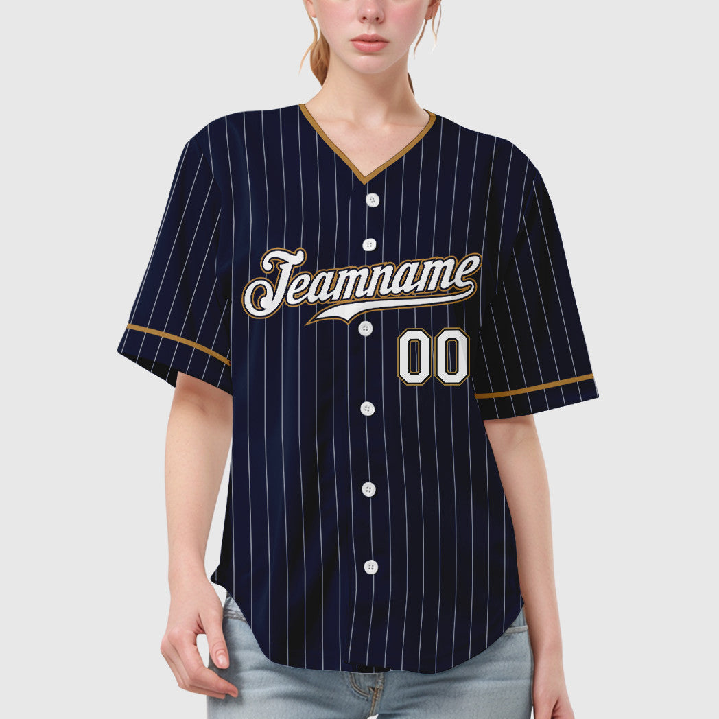 Custom Navy White-Old Gold Pinstripe Baseball Jersey