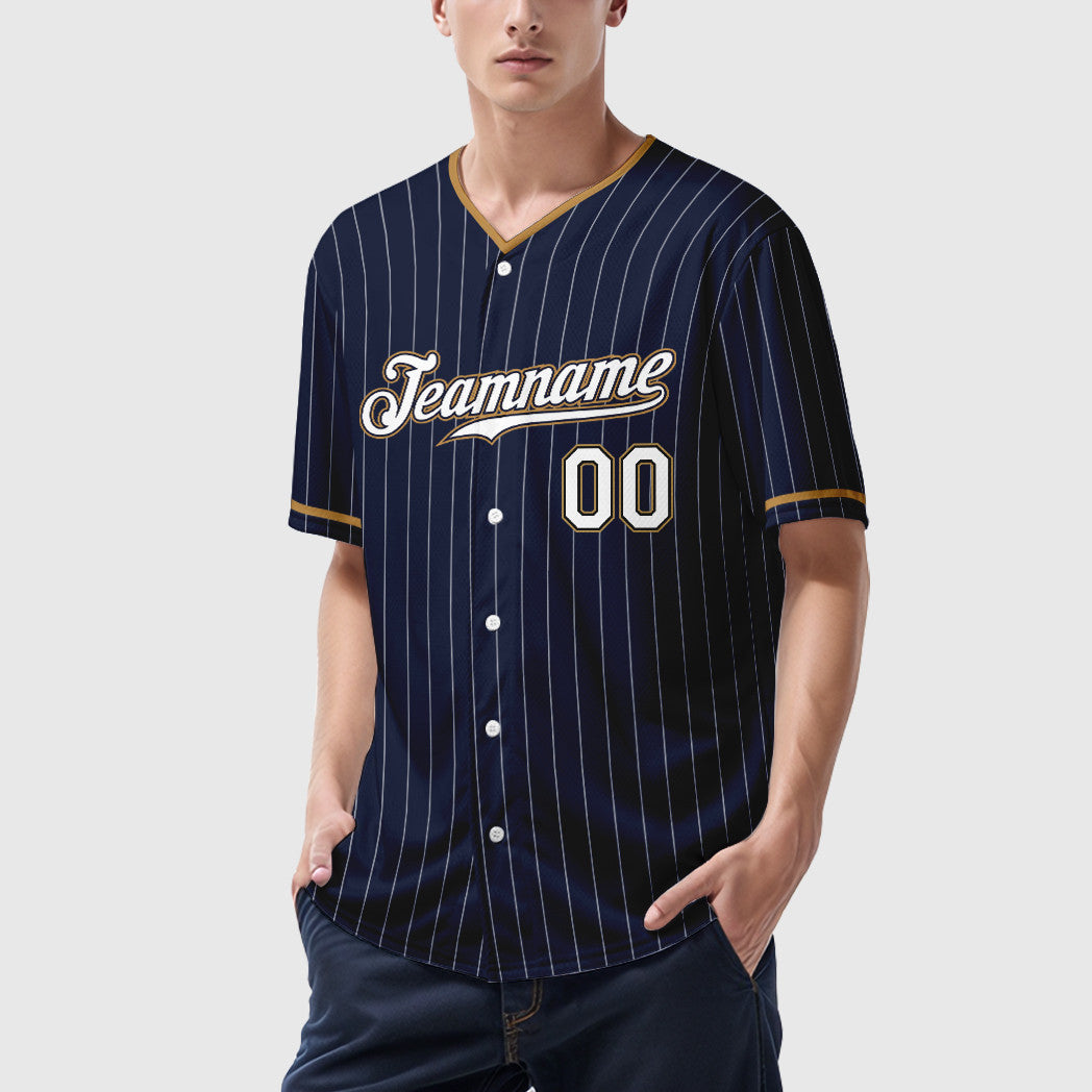 Custom Navy White-Old Gold Pinstripe Baseball Jersey