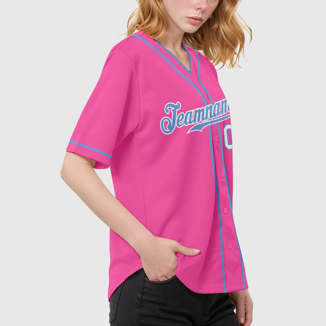 Custom Pink Light Blue-White Piping Baseball Jersey
