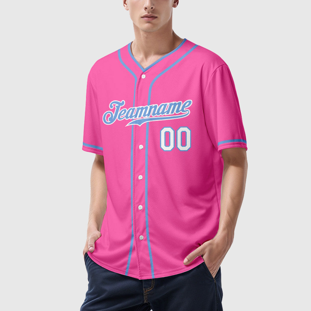 Custom Pink Light Blue-White Piping Baseball Jersey