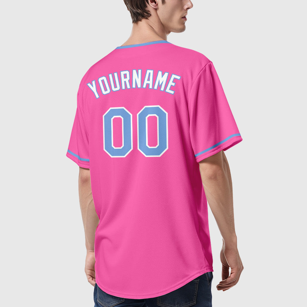 Custom Pink Light Blue-White Collar Sleeve Baseball Jersey