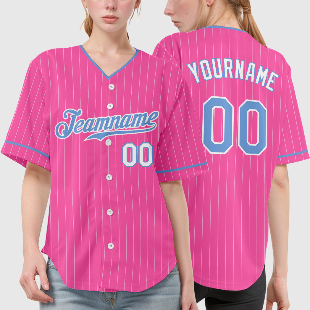 Custom Pink Light Blue-White Pinstripe Festure Baseball Jersey