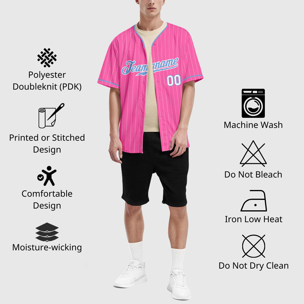 Custom Pink Light Blue-White Pinstripe Festure Baseball Jersey