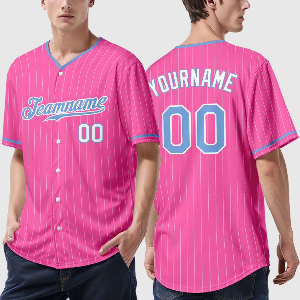 Custom Pink Light Blue-White Pinstripe Festure Baseball Jersey