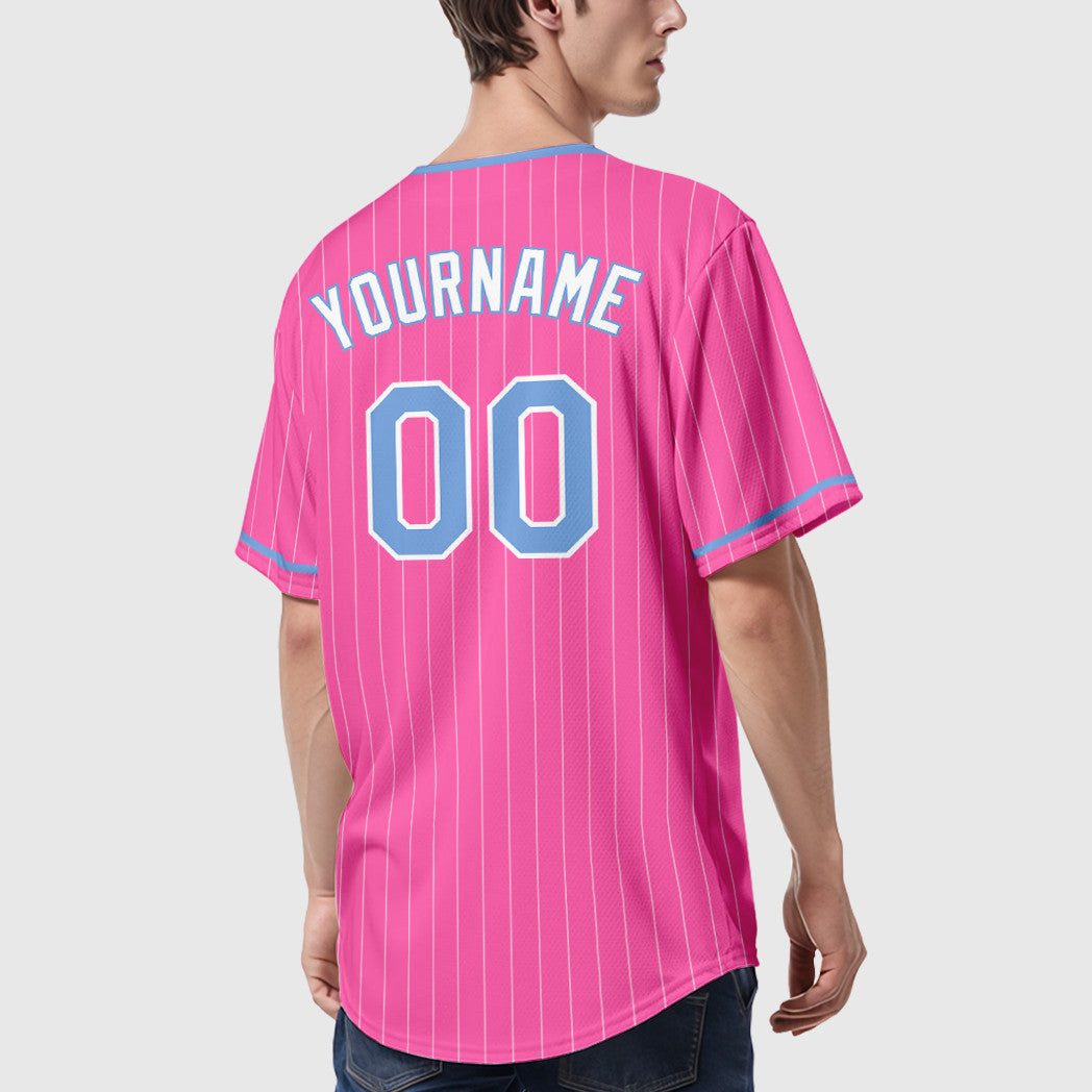 Custom Pink Light Blue-White Pinstripe Festure Baseball Jersey