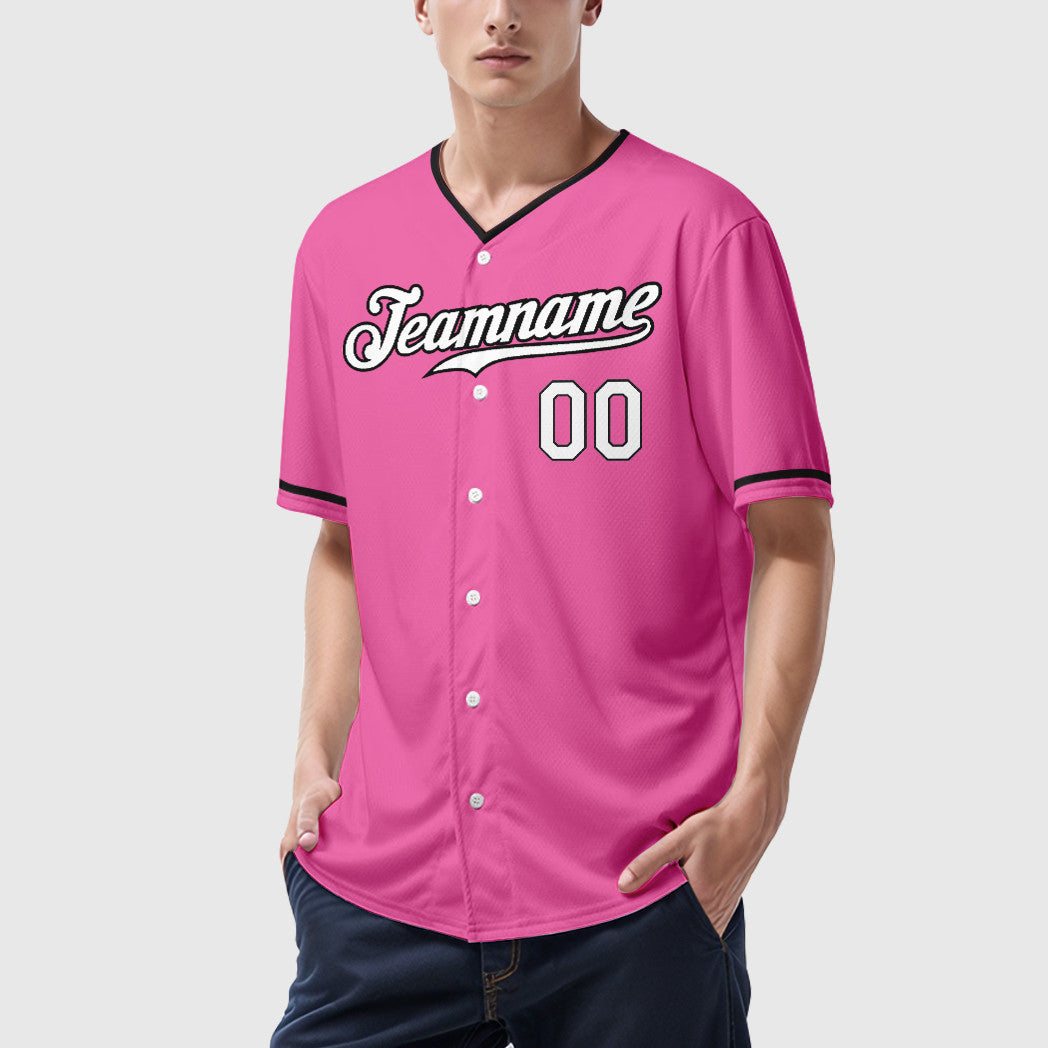 Custom Pink White-Black Collar Sleeve Baseball Jersey
