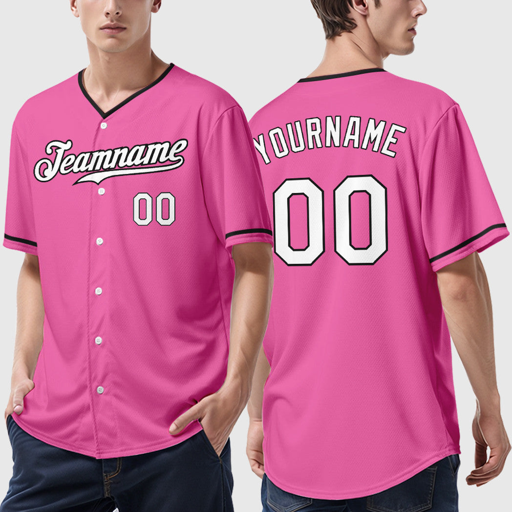 Custom Pink White-Black Collar Sleeve Baseball Jersey