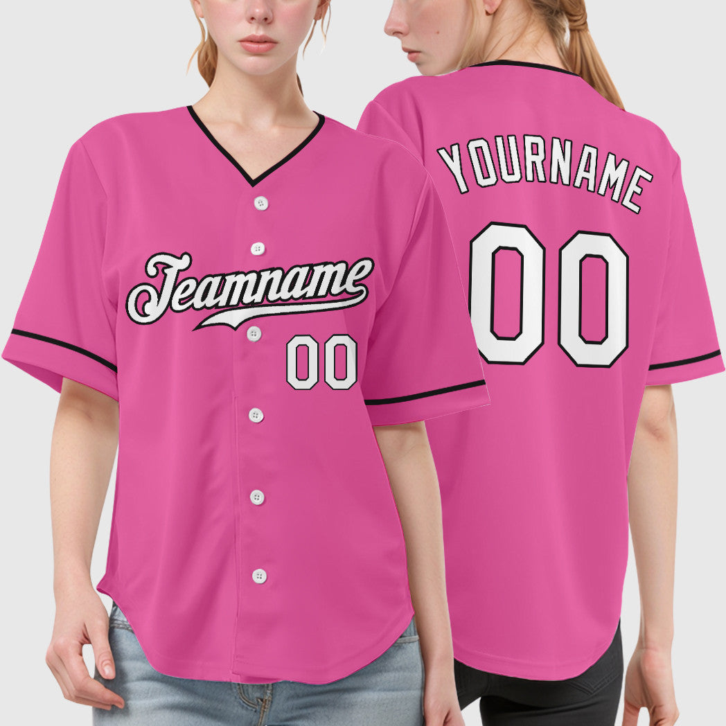 Custom Pink White-Black Collar Sleeve Baseball Jersey