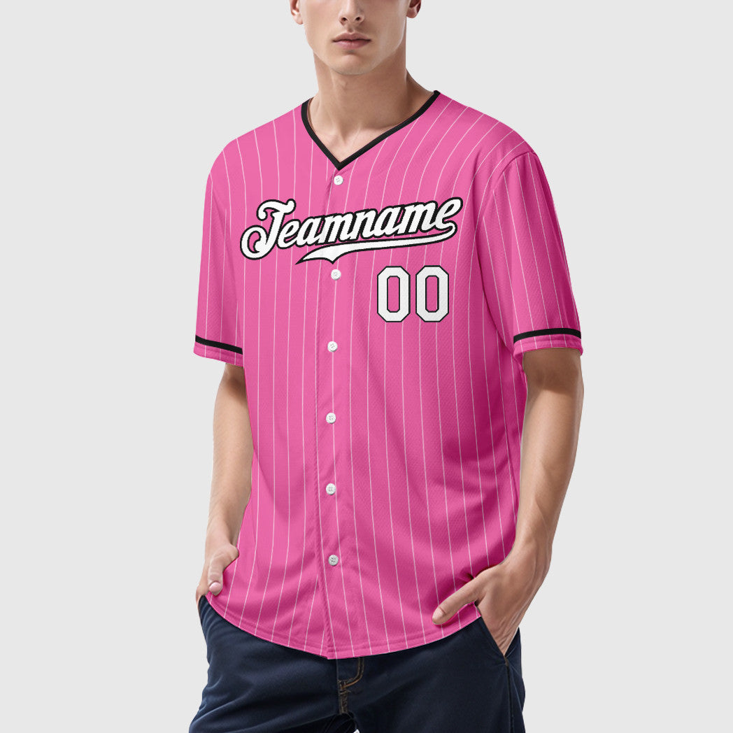 Custom Pink White-Black Pinstripe Baseball Jersey