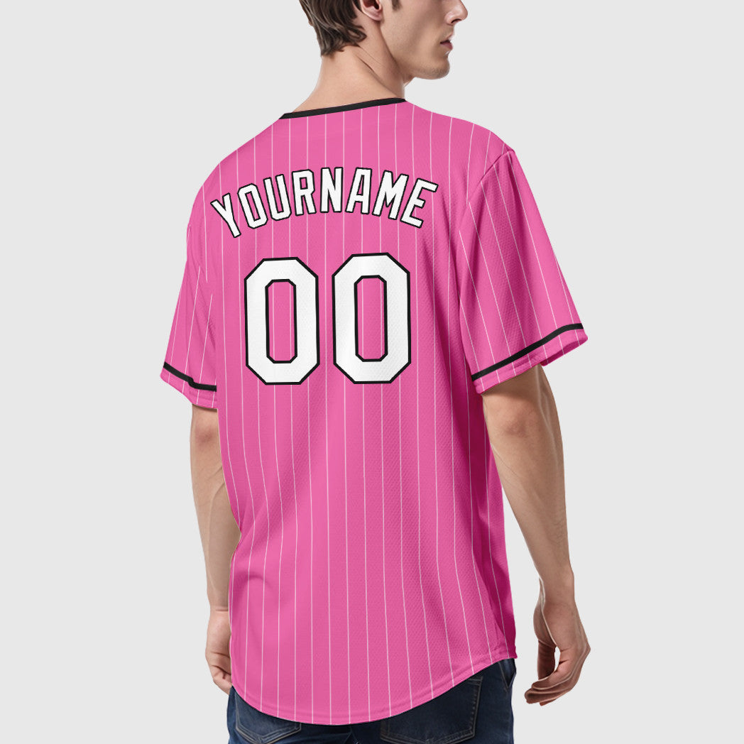 Custom Pink White-Black Pinstripe Baseball Jersey